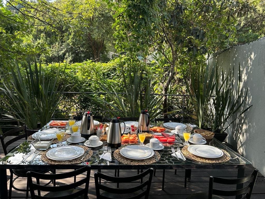 A long table set for a meal in the garden